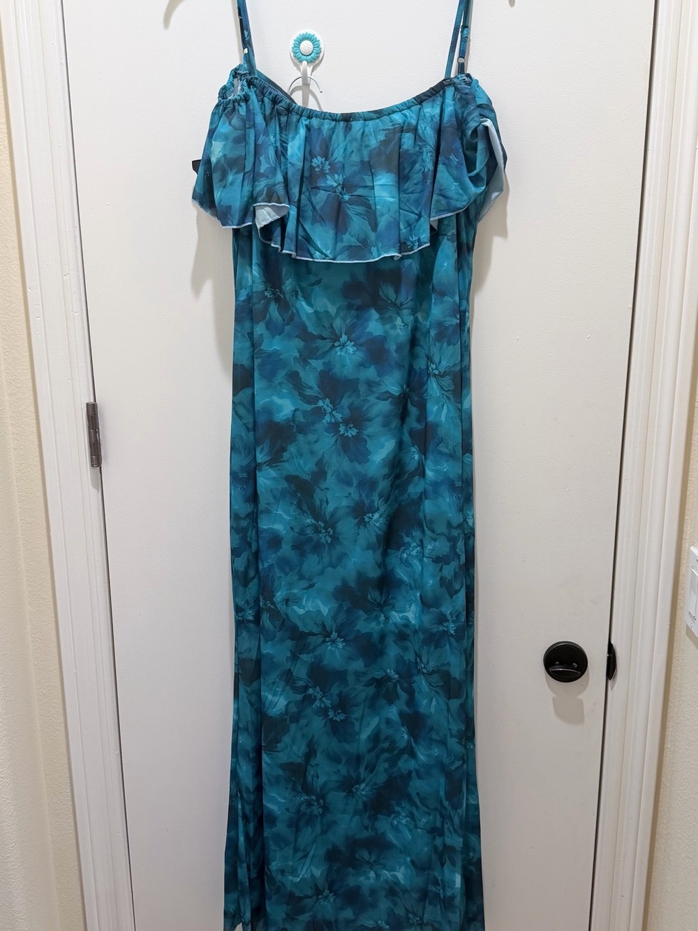Teal Floral Off-Shoulder Maxi Dress